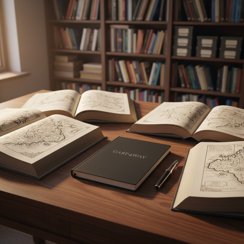 A meticulously arranged wooden writing desk in deep walnut, its surface scattered with open hardback books whose pages are filled with dense, fictional maps and marginalia in fine ink. At the center lies a sleek, matte-black notebook embossed with the word “CAST4WAY” in subtle silver foil, next to a fountain pen resting diagonally. Behind, towering bookshelves fade into soft blur, filled with color-coded spines and mysterious archival boxes. Golden hour light filters through an unseen window, casting elongated shadows and warm highlights across the grain of the wood. The cinematic, eye-level composition uses shallow depth of field to draw attention to the notebook, evoking a sophisticated, contemplative mood of narrative worlds being quietly constructed.