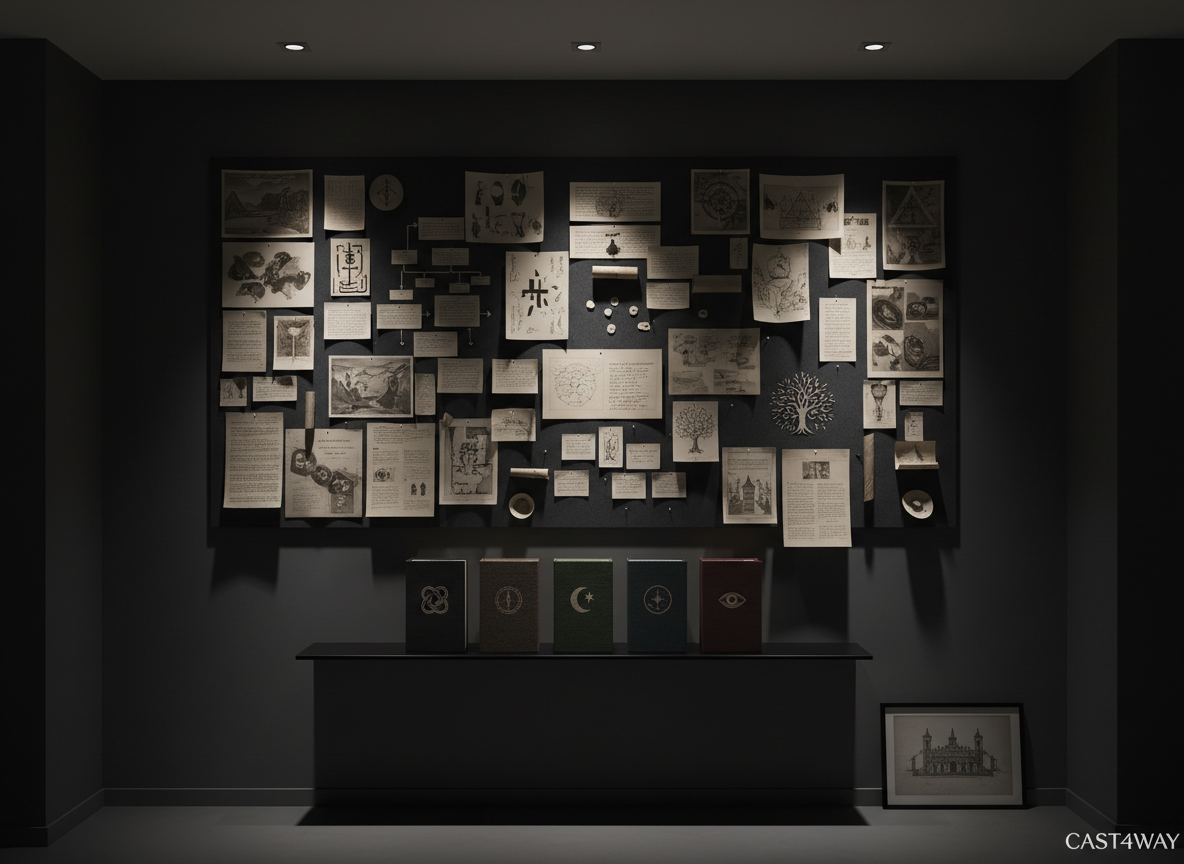A minimalist, dark-walled creative studio where a large, wall-mounted moodboard is filled with pinned concept art, abstract symbols, and printed story fragments for various narrative universes. Below, a floating black shelf holds a row of beautifully bound books with textured cloth covers, each spine displaying a discrete emblem instead of a title. Soft, directional spotlighting from the ceiling grazes the wall, creating dramatic contrast and emphasizing the layered papers and fabrics. The cinematic, slightly low-angle shot gives prominence to the moodboard, while the rest of the room sinks into tasteful shadow. The mood is refined and enigmatic, conveying CAST4WAY as a sophisticated laboratory of interconnected stories and cultural ideas.