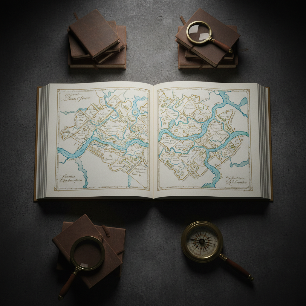 An elegant, oversized hardcover book lies open on a dark concrete table, revealing a double-page spread of a richly detailed fictional city map, with rivers of luminescent ink and districts labeled in an invented language. Around it, neatly stacked journals, a brass compass, and a vintage magnifying glass suggest meticulous worldbuilding. Cool, diffused studio lighting from above creates gentle reflections on the metallic compass and soft shadows under the book’s heavy pages. The cinematic top-down composition captures the entire arrangement with crisp clarity, while the background falls into subtle vignette. The atmosphere feels intellectual and mysterious, embodying a sophisticated creative studio where universes of fiction and culture are methodically charted and explored.
