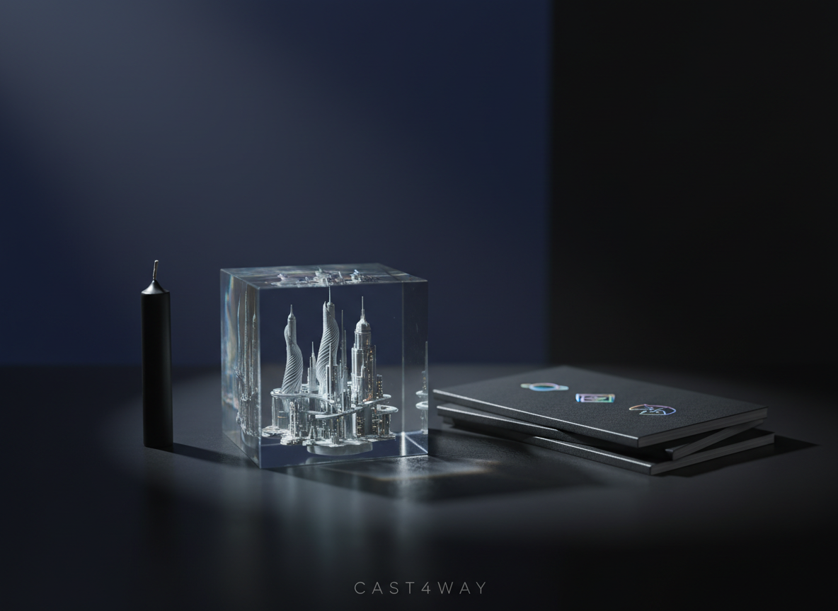 A dark, glossy table hosts a carefully curated still life: a translucent, crystalline cube etched inside with a miniature, futuristic city; a stack of thin, matte-black booklets with subtle holographic symbols; and a single, unlit black candle with a silver wick. The background is an abstract gradient wall moving from deep indigo to charcoal, barely visible. A narrow beam of cool, cinematic side lighting slices across the scene, catching the cube and revealing intricate refracted highlights, while leaving the rest in velvety shadow. Shot close-up with a shallow depth of field and centered composition, the image exudes a sophisticated, otherworldly atmosphere that suggests CAST4WAY’s focus on experimental fiction and speculative cultural universes.