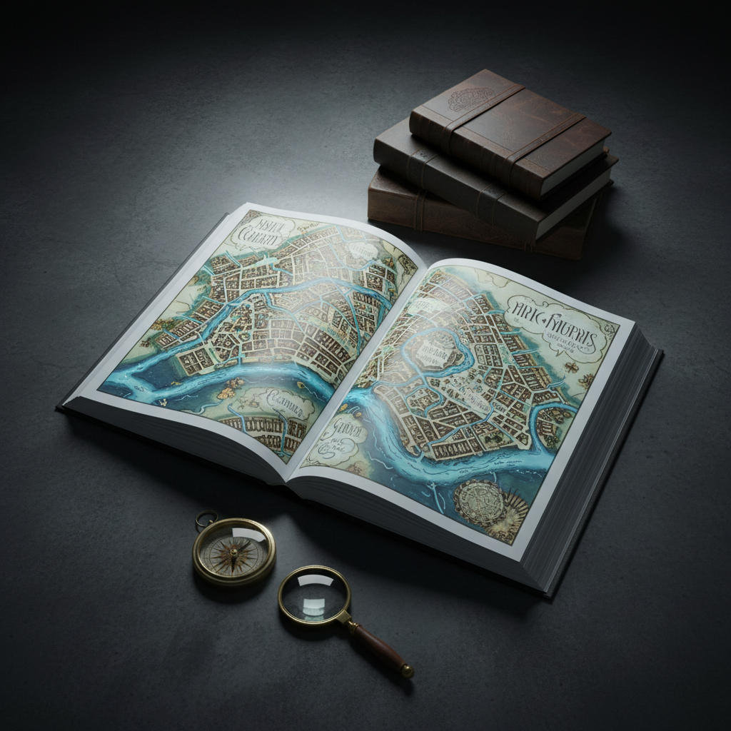 An elegant, oversized hardcover book lies open on a dark concrete table, revealing a double-page spread of a richly detailed fictional city map, with rivers of luminescent ink and districts labeled in an invented language. Around it, neatly stacked journals, a brass compass, and a vintage magnifying glass suggest meticulous worldbuilding. Cool, diffused studio lighting from above creates gentle reflections on the metallic compass and soft shadows under the book’s heavy pages. The cinematic top-down composition captures the entire arrangement with crisp clarity, while the background falls into subtle vignette. The atmosphere feels intellectual and mysterious, embodying a sophisticated creative studio where universes of fiction and culture are methodically charted and explored.