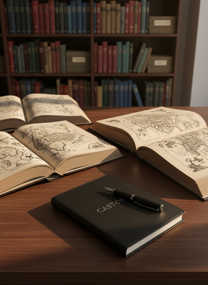 A meticulously arranged wooden writing desk in deep walnut, its surface scattered with open hardback books whose pages are filled with dense, fictional maps and marginalia in fine ink. At the center lies a sleek, matte-black notebook embossed with the word “CAST4WAY” in subtle silver foil, next to a fountain pen resting diagonally. Behind, towering bookshelves fade into soft blur, filled with color-coded spines and mysterious archival boxes. Golden hour light filters through an unseen window, casting elongated shadows and warm highlights across the grain of the wood. The cinematic, eye-level composition uses shallow depth of field to draw attention to the notebook, evoking a sophisticated, contemplative mood of narrative worlds being quietly constructed.