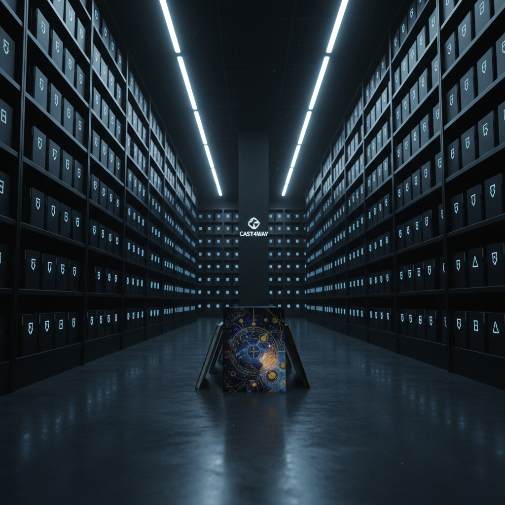 An expansive, dimly lit archive room stretches into the distance, filled with high, matte-black shelves lined with uniform slipcases, each marked only by a small, glowing sigil at the spine. In the foreground, a single slipcase is pulled halfway out, revealing a hint of an illustrated cover inside. Subtle blue-white overhead lights create pools of illumination along the aisles, leaving the upper shelves in shadow and generating a strong cinematic sense of depth. Captured from a low, slightly off-center perspective with a long focal length, the image feels like a frame from an art-house film. The mood is immersive, solemn, and intellectually charged, as if this archive contains the collected universes and cultural mythologies curated by CAST4WAY.